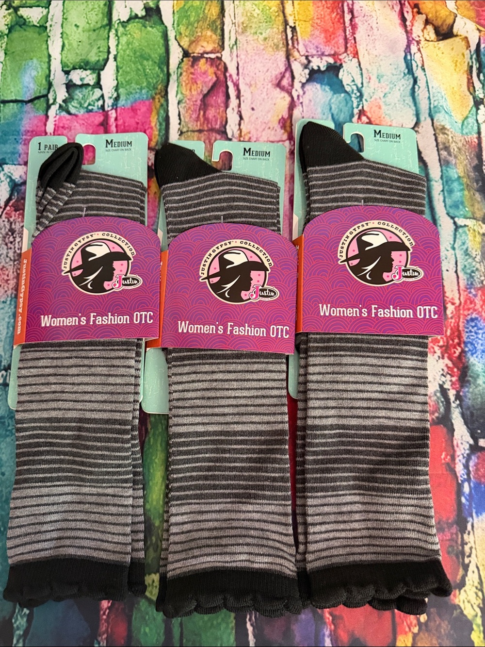 Justin Boots Gray and Black Striped Women's Over-the-Calf Socks